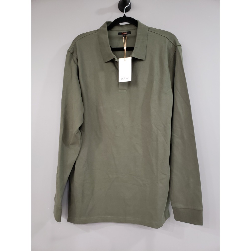 NEW LARGE Quince Men Organic Cotton Long Sleeve Pique Polo Shirt Green basics